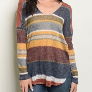 Multi-color Stripe Long Sleeve Tunic Top 70s Retro